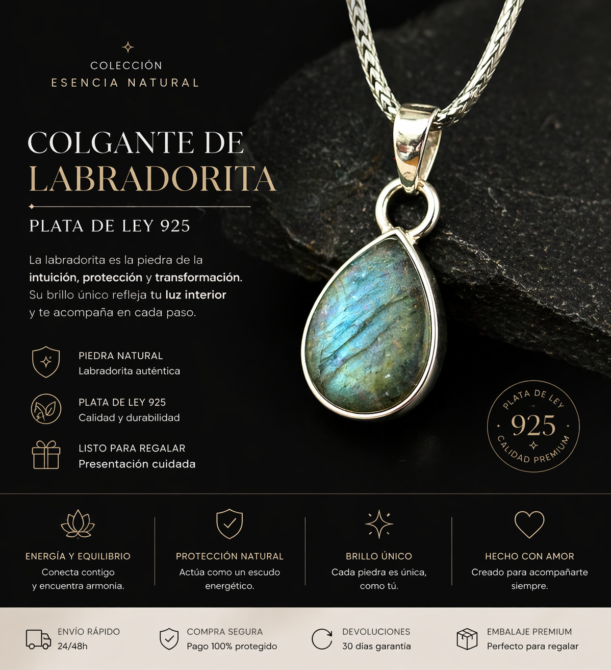 Colgante de labradorita de plata artesanal